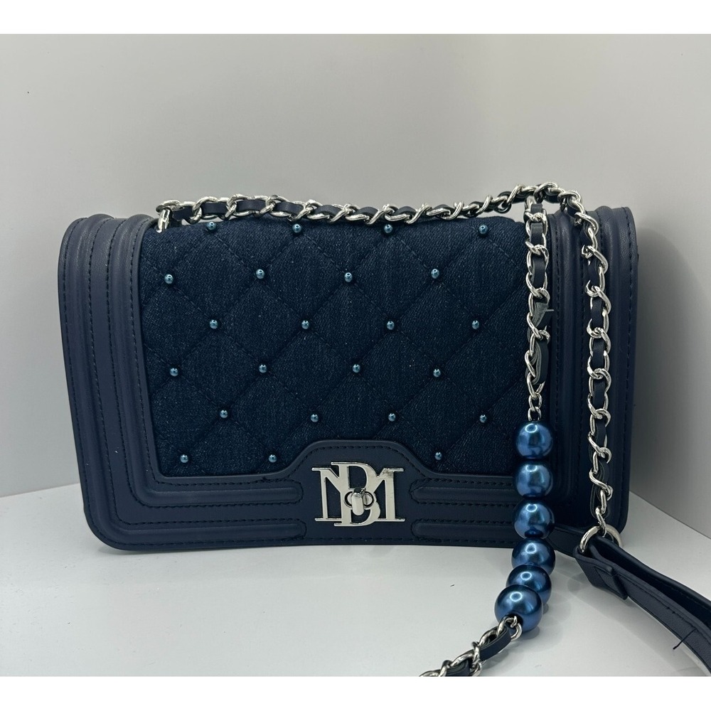 NEW Badgley Mischka Denim Pearls Crossbody Bag Purse Blue Quilted Jean Statement